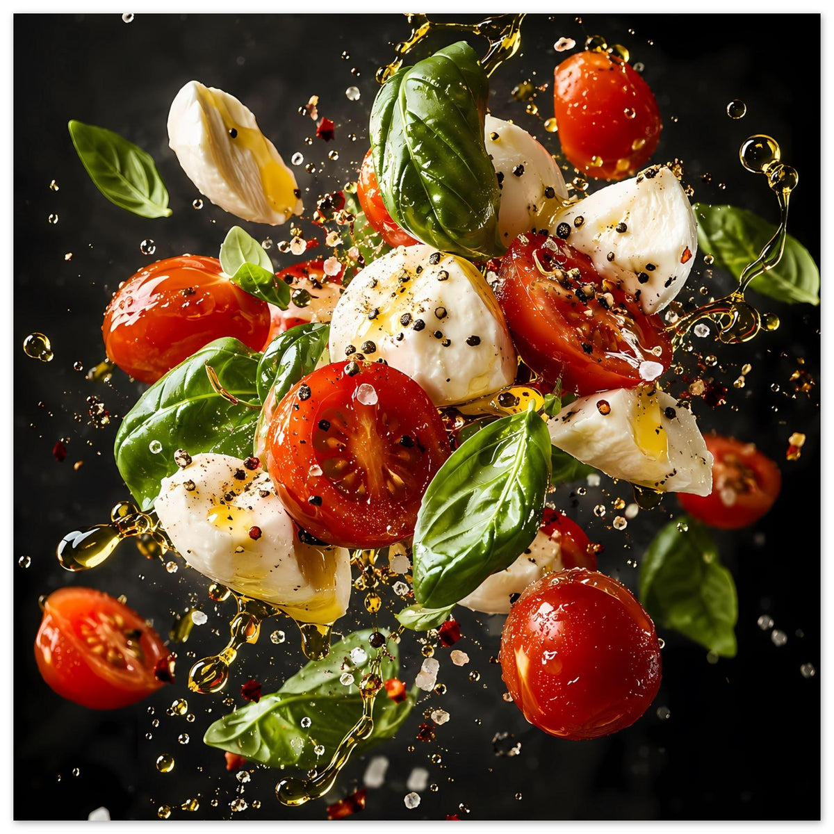 Caprese-Salat-Artposter: Tomaten, Mozzarella und Basilikum mit Spritzern und Perlen