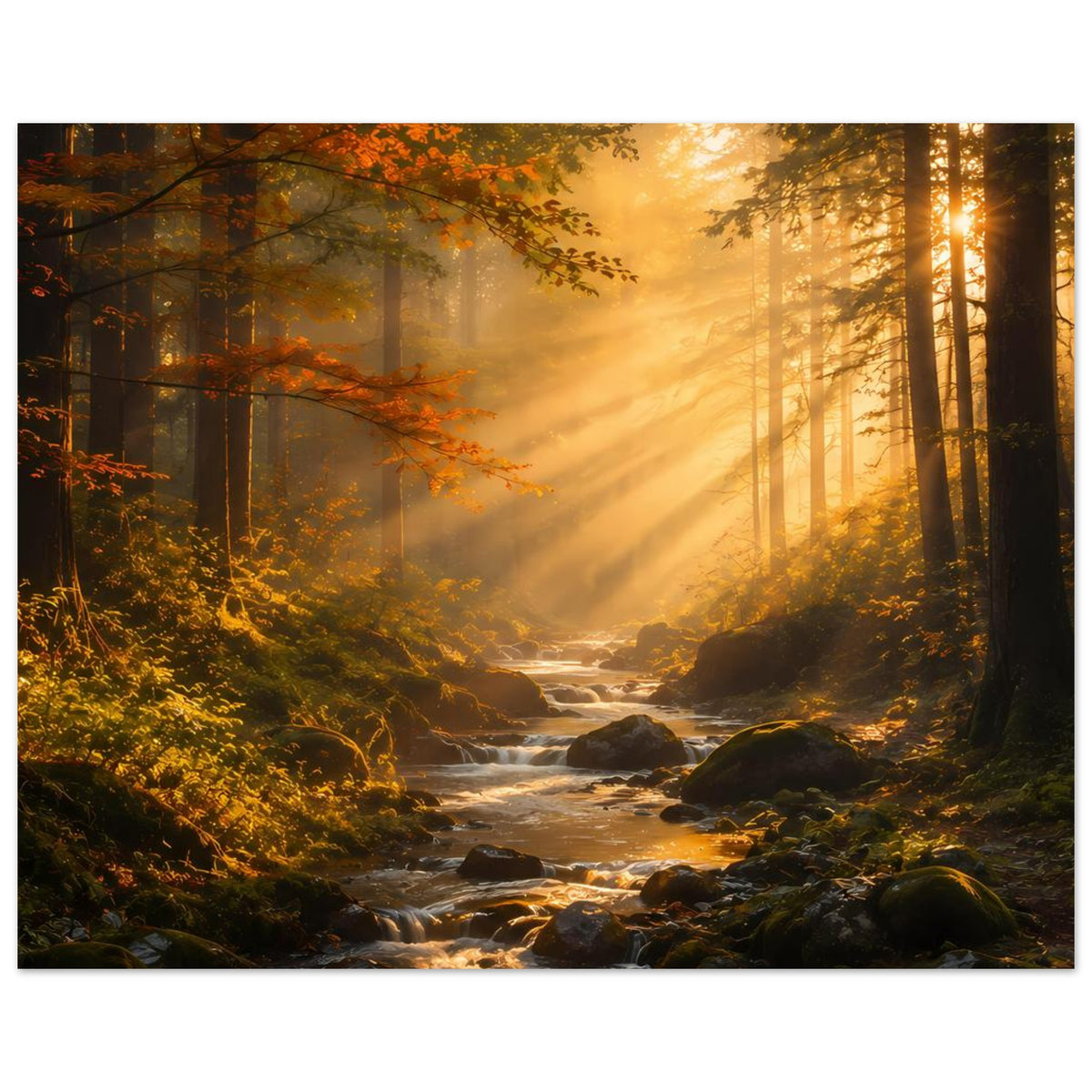 Wandposter im Querformat: Wald bei Sonnenaufgang, goldene Farben, Bachlauf mit Felsen