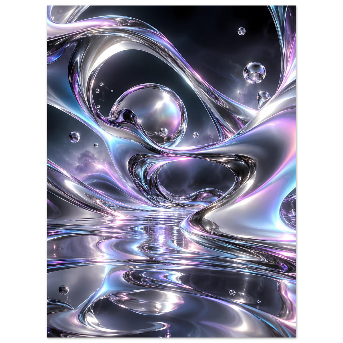 Liquid-Chrome Poster im Hochformat mit schimmernden Wellen und mehreren Glaskugeln