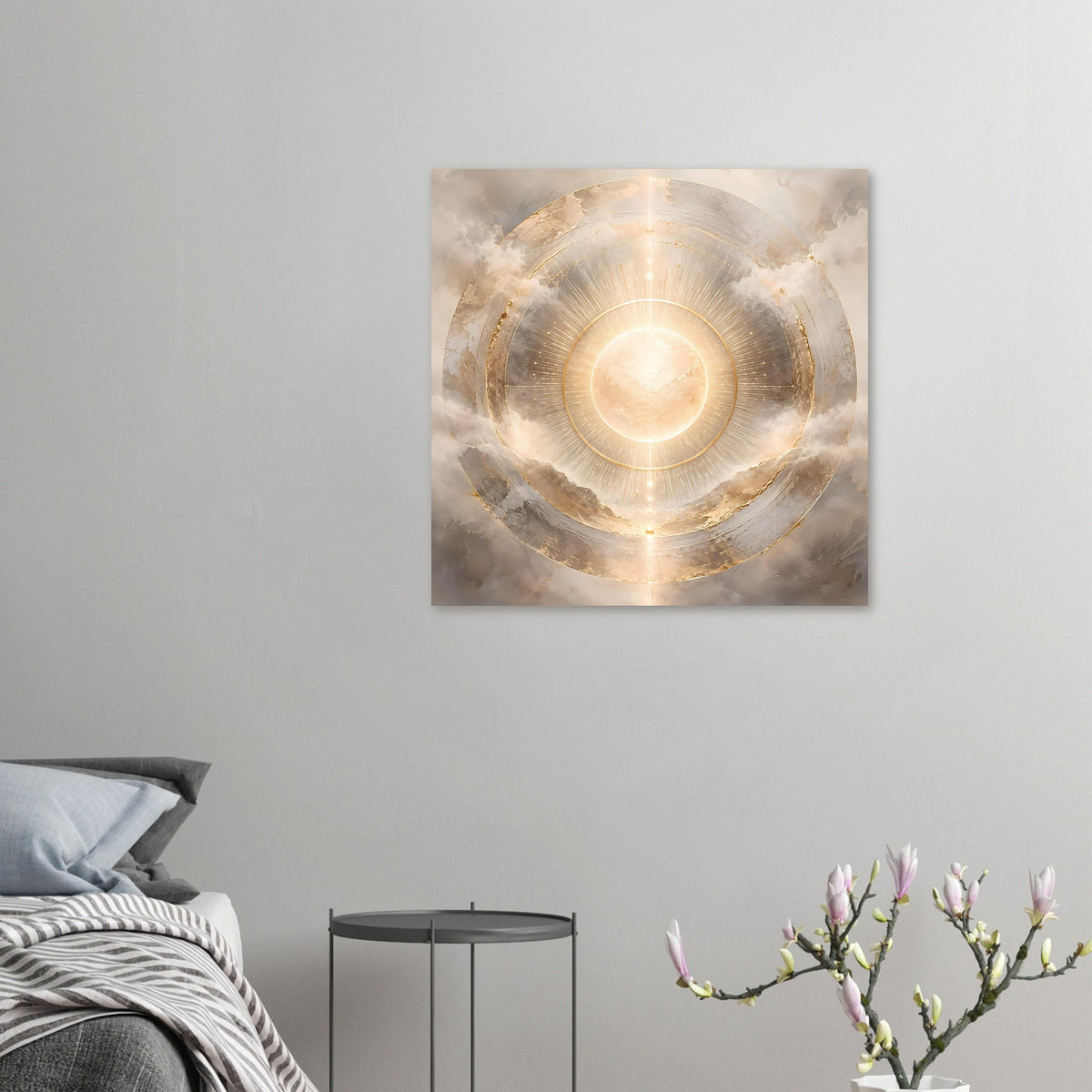 Kleines Wandposter mit goldener Sonnenmitte und konzentrischen Ringen im Kosmos-Look