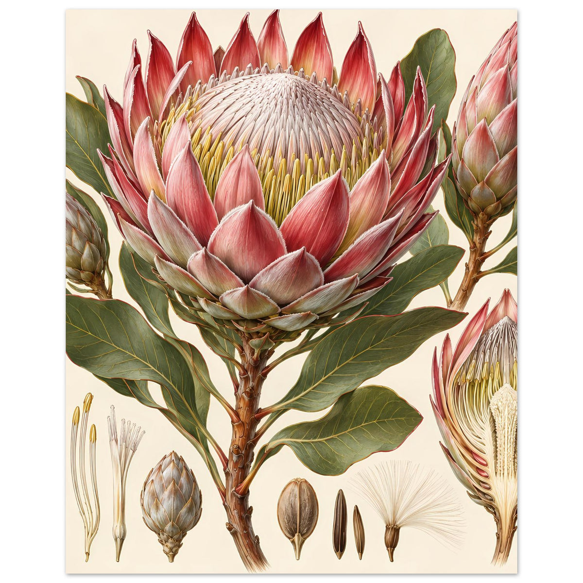 Großer Protea-Blumenposter mit rosa Blüten und botanischen Details verschiedener Blütenstadien