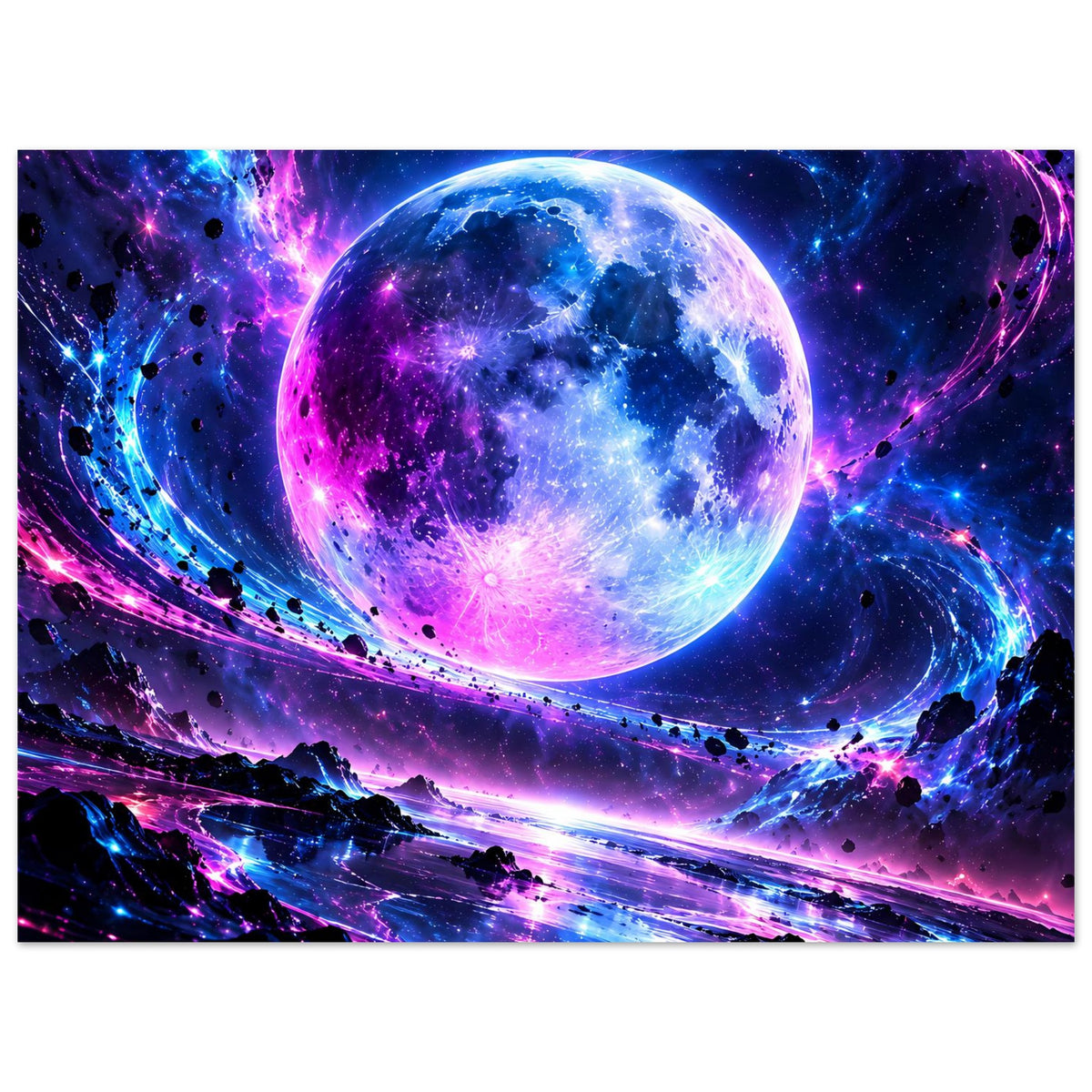 Nahes Galaxie-Poster mit großer Planetenkugel, violett-blauen Lichtspuren
