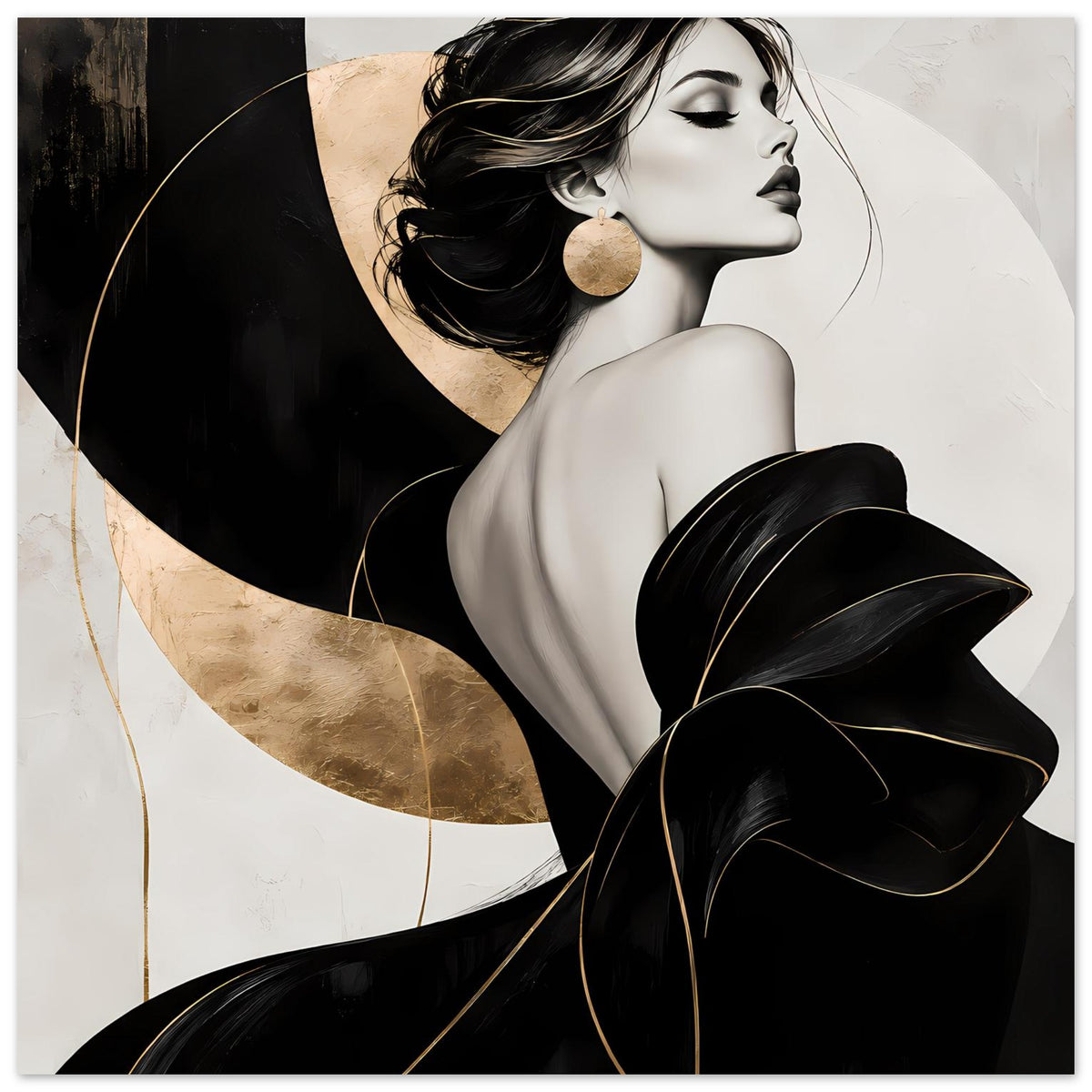 Poster mit eleganter Frau in Schwarz & Gold, Halbprofil und goldenen Ohrringen