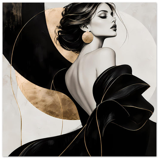 Poster mit eleganter Frau in Schwarz & Gold, Halbprofil und goldenen Ohrringen