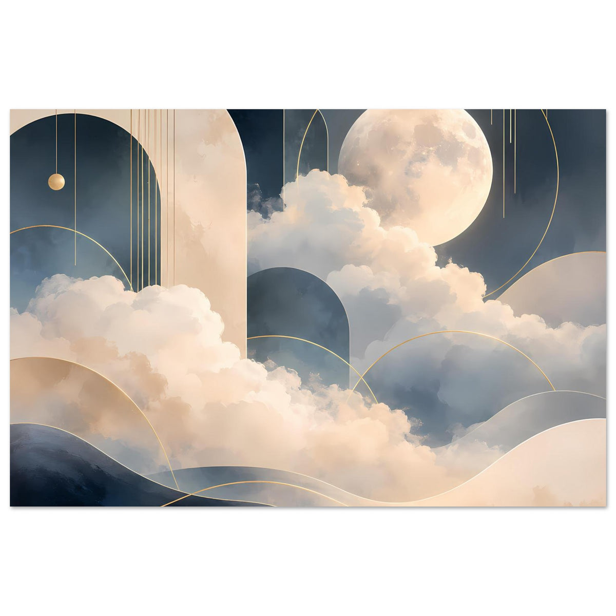 Abstraktes Poster mit Mondscheibe, Wolkenkuppeln und goldenen Kreisen an den Rändern