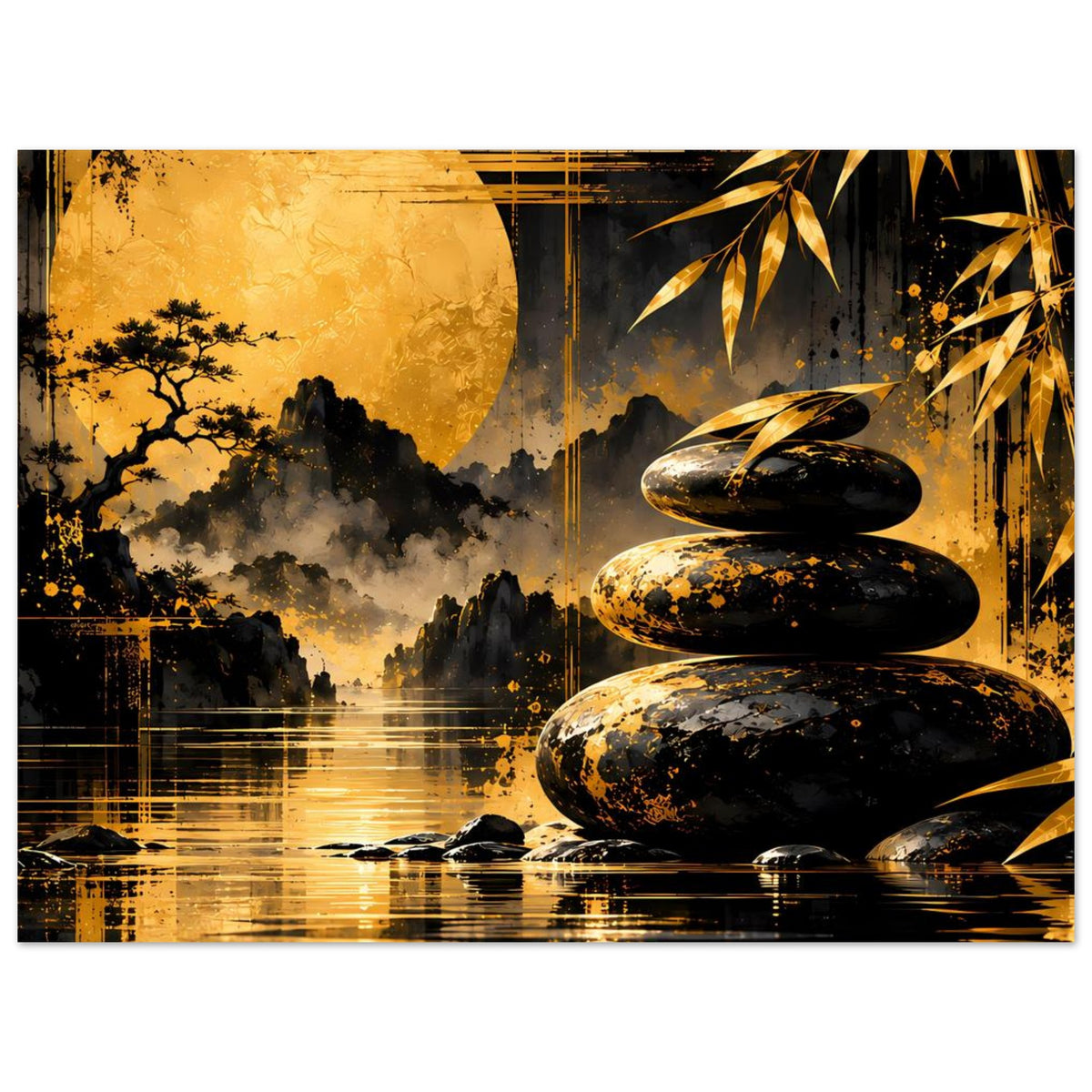 Horizontales Poster mit Zen-Motiv: goldene Mondscheibe, Steinstapel, Bambus und Wasser