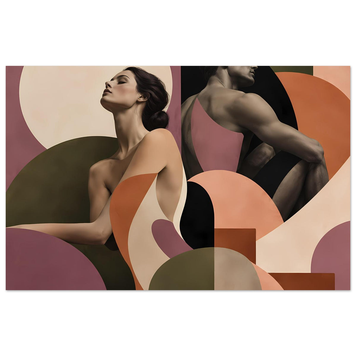 Querformatiges Figurenposter mit zwei abstrakten Frauen in Terrakotta und Mauve, mit Rahmen