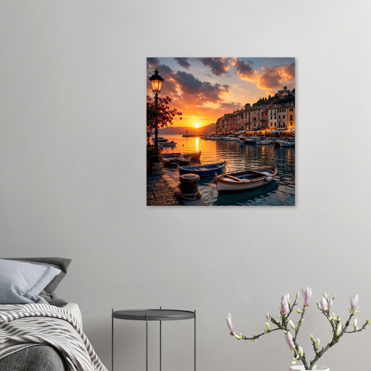Wandposter mit Hafenbooten und Sonnenuntergang, Boote im Vordergrund