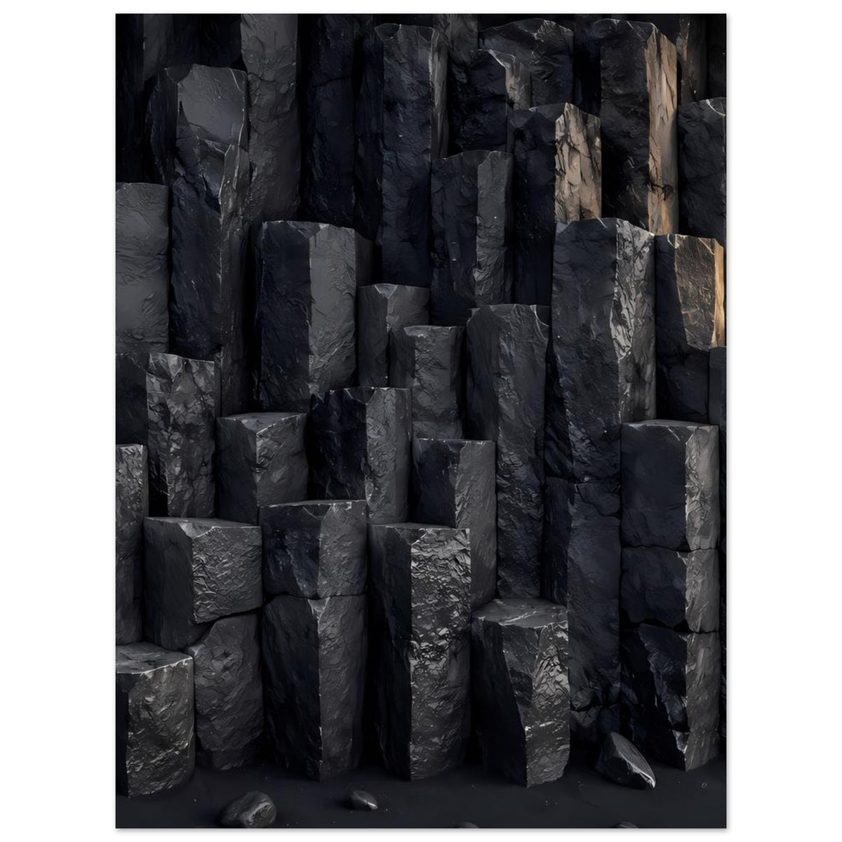 Naturposter mit dunklen Basaltsäulen und Rissen, geometrische Felsstruktur