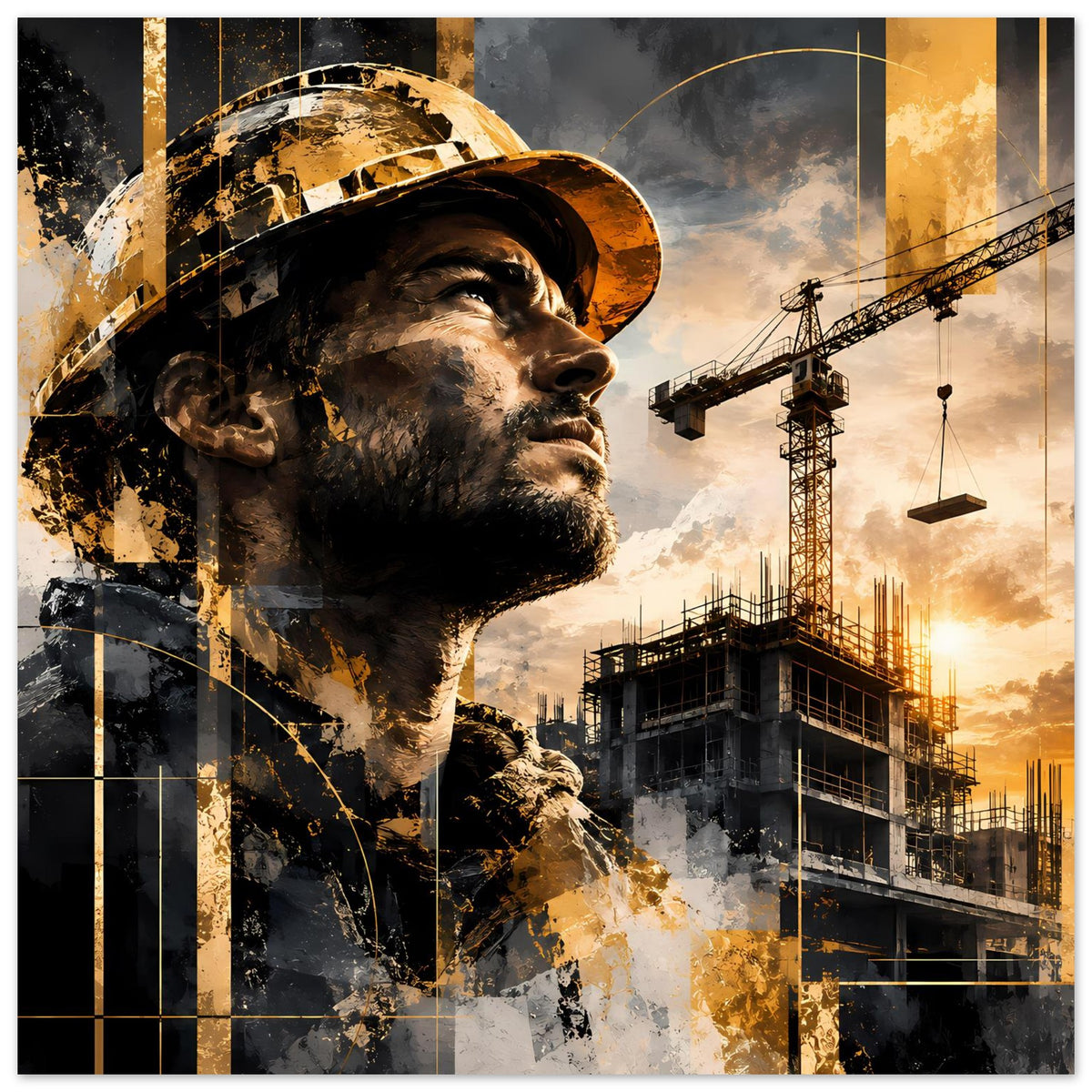Bauarbeiter-Poster im Querformat mit Profilgesicht, Baustellengebäuden und goldenen Akzenten