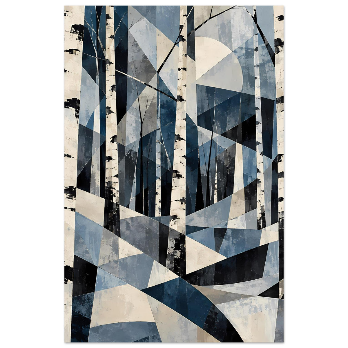 Naturposter mit geometrischem Birkenwald-Motiv in Blau, hohe schwarze und helle Baumformen