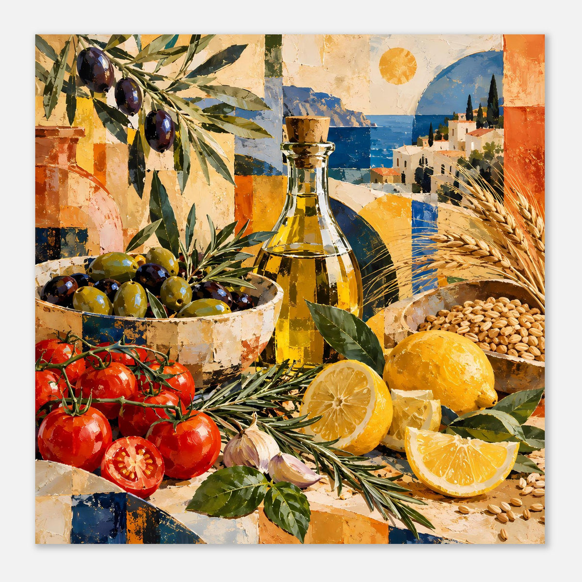 Wandposter Stillleben mit Ölflasche, Oliven, Tomaten, Zitronen und Weizenähren