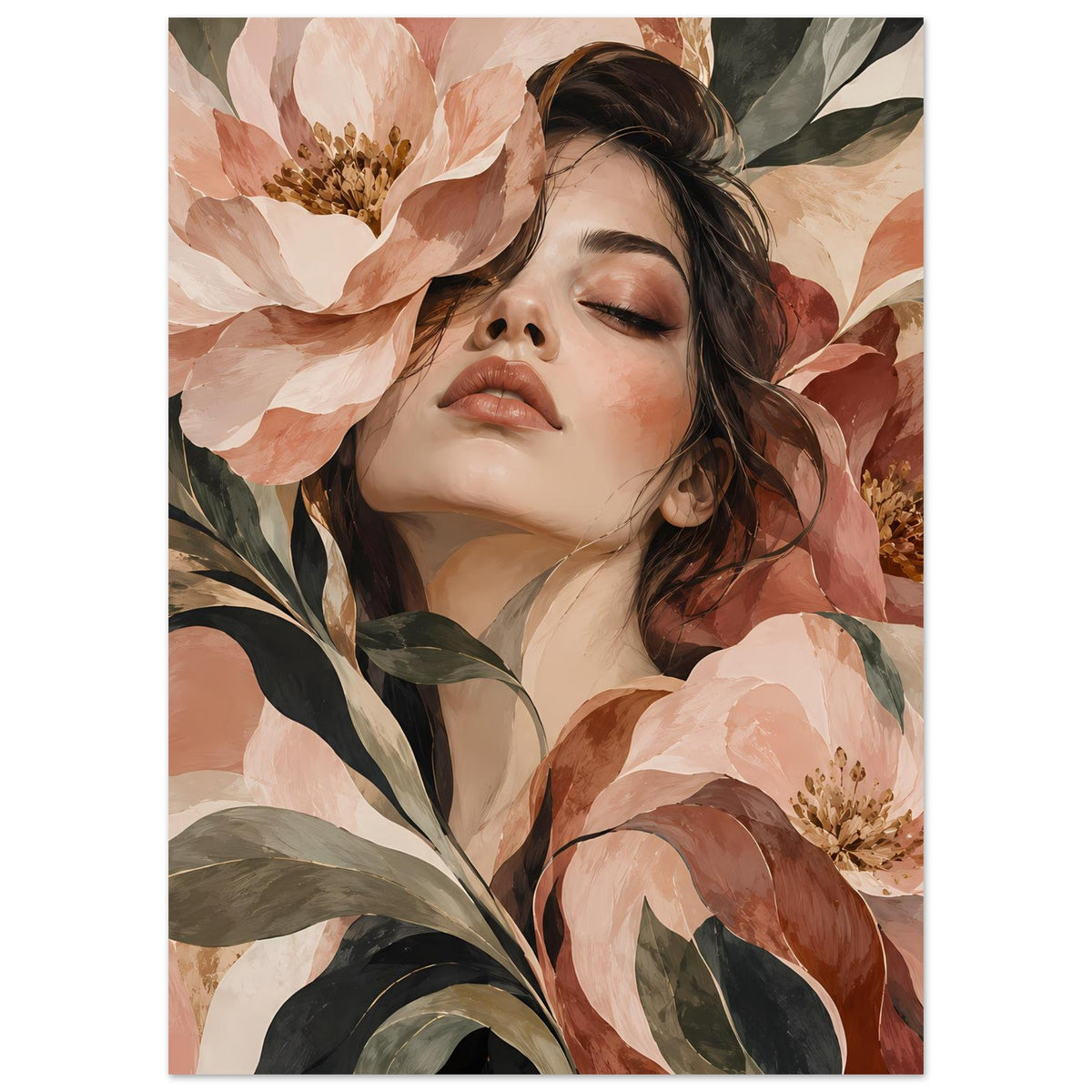 Poster mit Porträt einer Frau zwischen Blüten und Blättern, warme Naturfarben