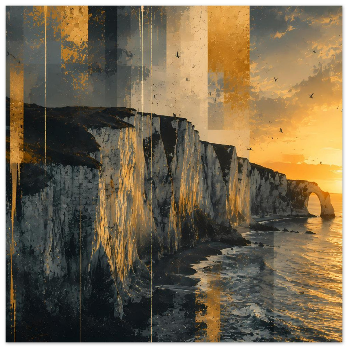 Poster mit Steilküste und Strandlinie, warmes Goldlicht am Himmel über ruhigem Meer