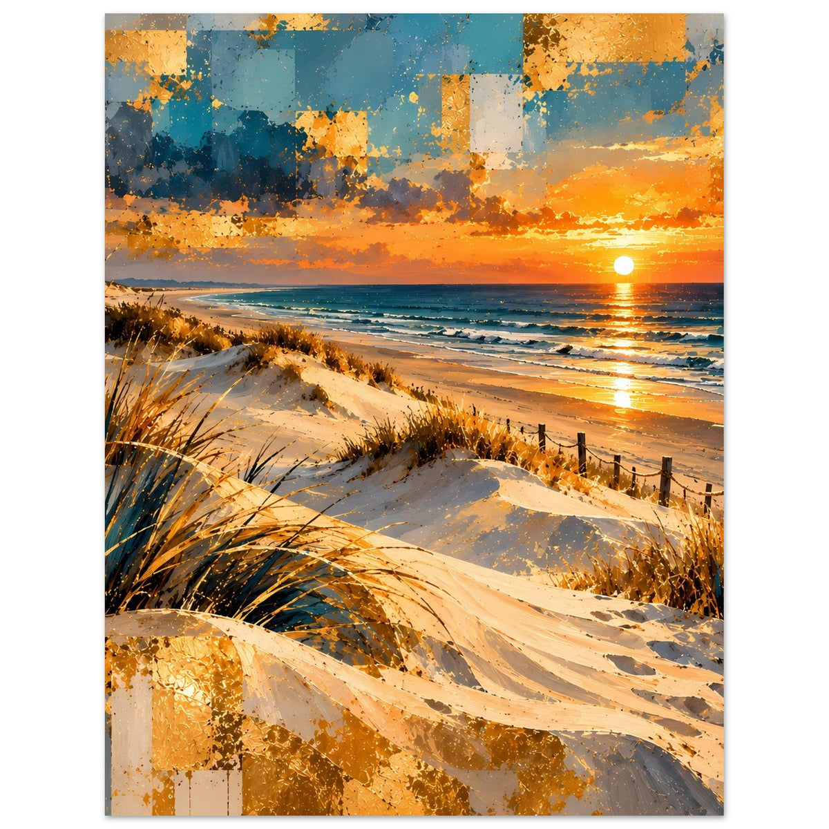 Hochformat-Strandposter mit Sanddünen, orangeem Sonnenuntergang und Meeresspiegel