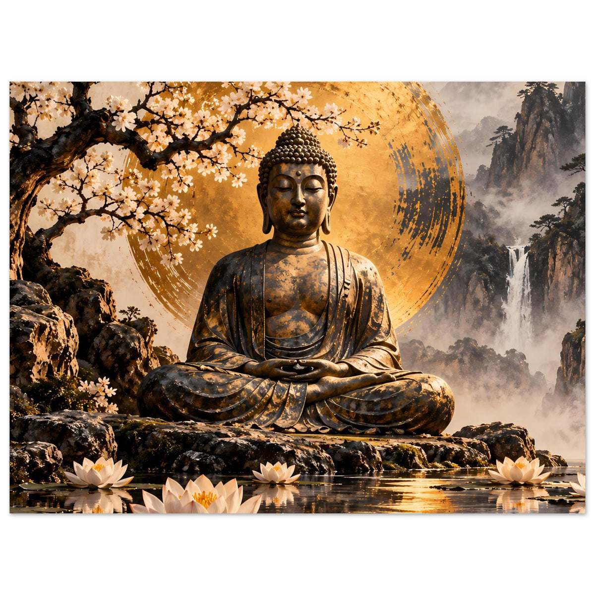 Poster: sitzende Buddhafigur mit goldener Aura, Kirschblüten, Lotusblumen und Berglandschaft