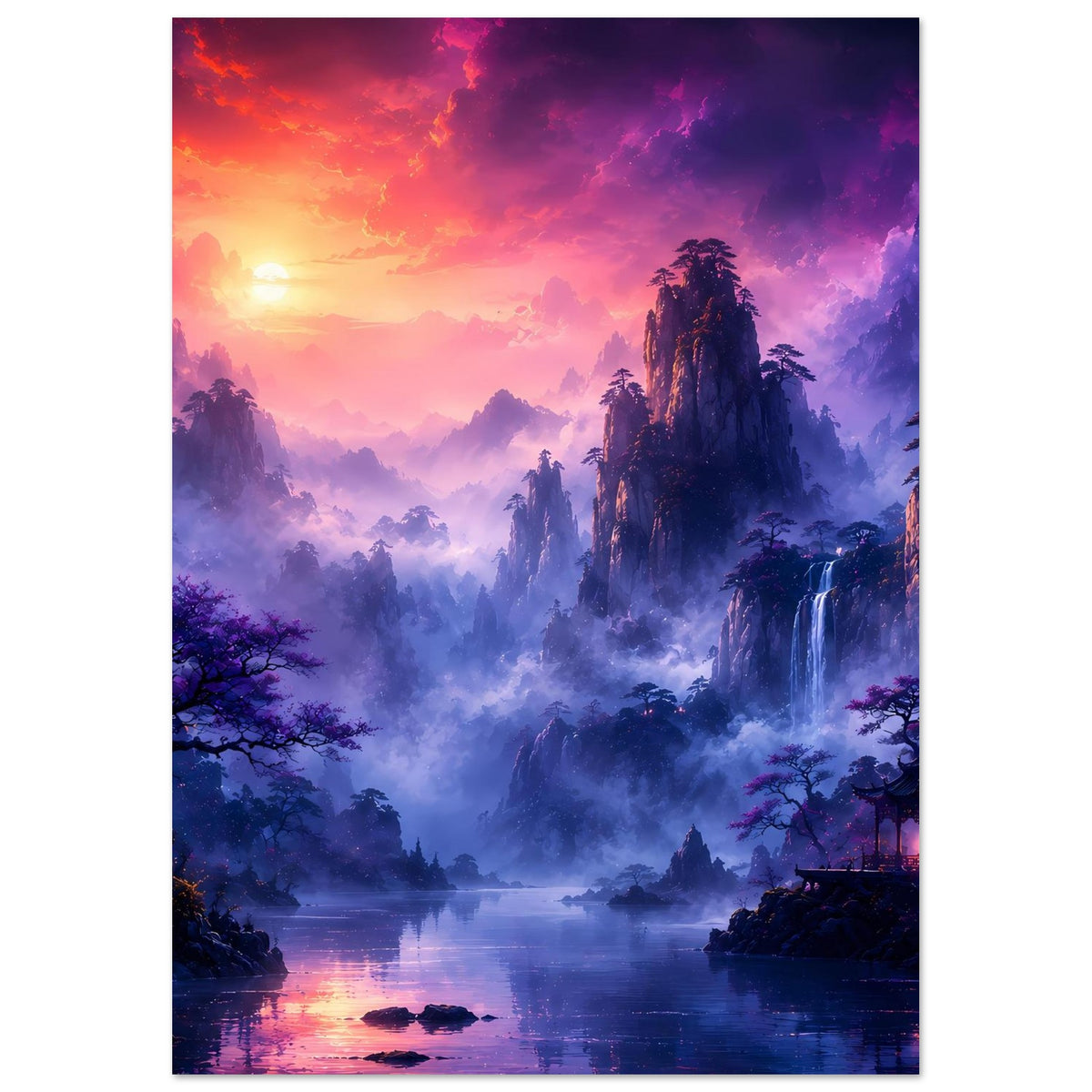 Vertikales Fantasy-Poster mit Wasserfall, See im Dunst und Sonnenuntergangsfarben