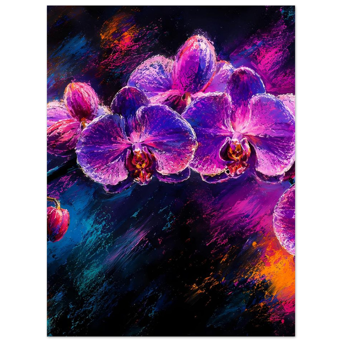 Blumenposter mit Orchideenblüten in Violett, Pink und Blau, abstraktes Farbmuster