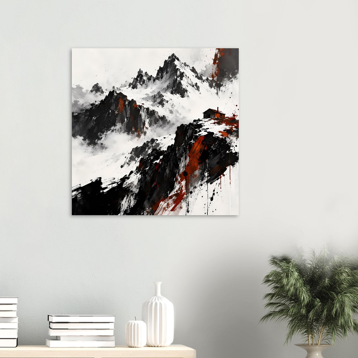Kleines Poster mit verschneiten Bergen, schwarzen Flächen und roten Akzenten