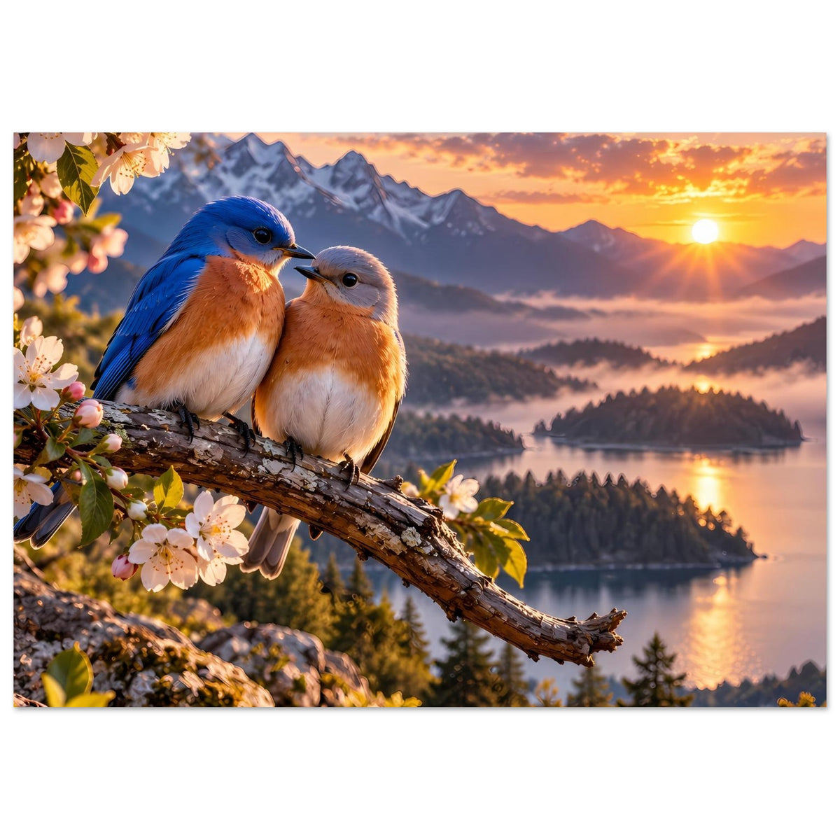 Querformat-Poster mit zwei Vögeln auf Ast, Blüten links, Sonnenuntergang am Bergsee