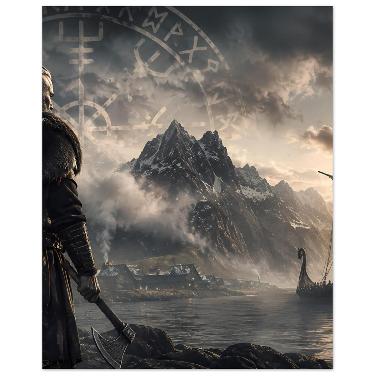 Wikingerkrieger-Poster mit Figur links, Runenkreis, Fjord, Berge und Drachenboot