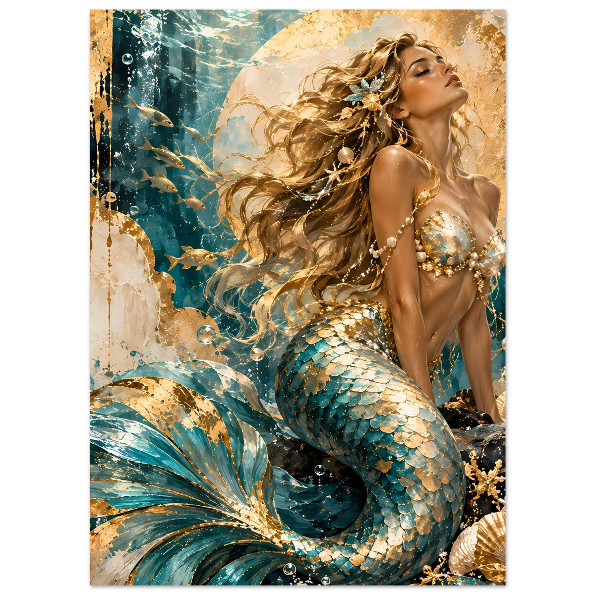 Poster mit Meerjungfrau-Porträt: wallendes Haar, goldene Schmuckelemente, türkis-goldene Schuppen