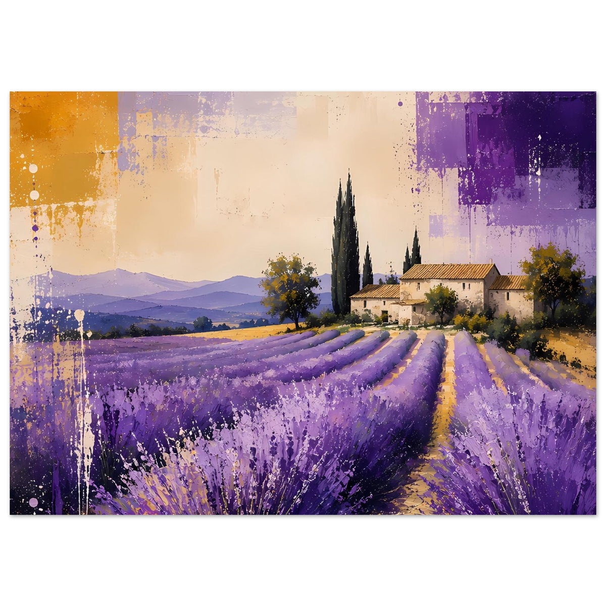 Lavendel-Landschaftsposter, horizontales Motiv mit Lavendelfeldern und lila Himmel-Akzenten