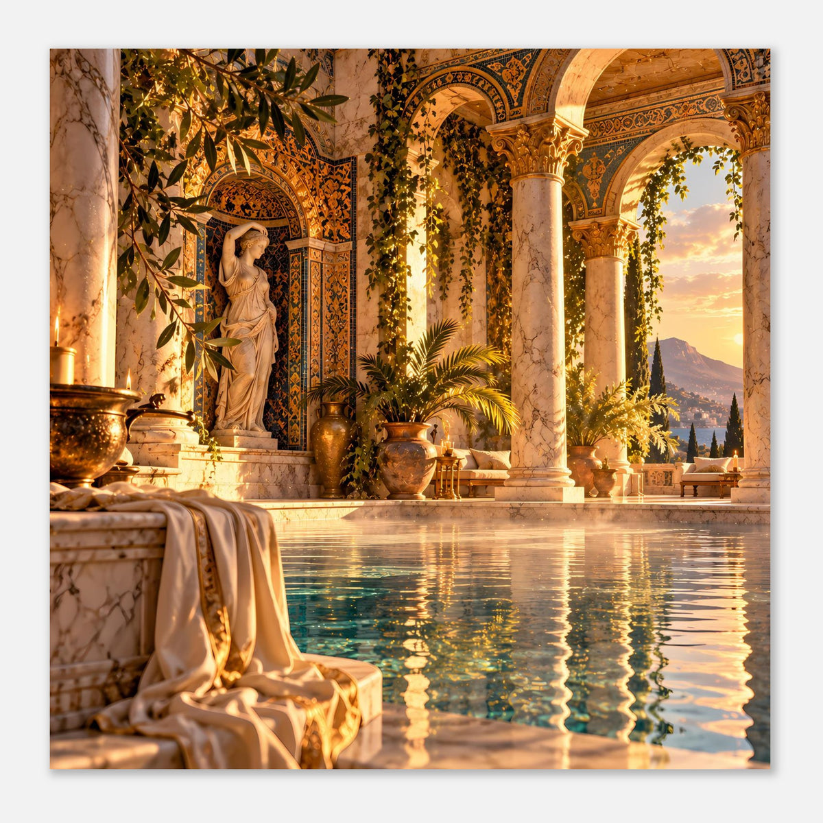 Mediterranes Pool-Poster mit Säulenreihe, Statue und ruhigem Wasser im Rahmen