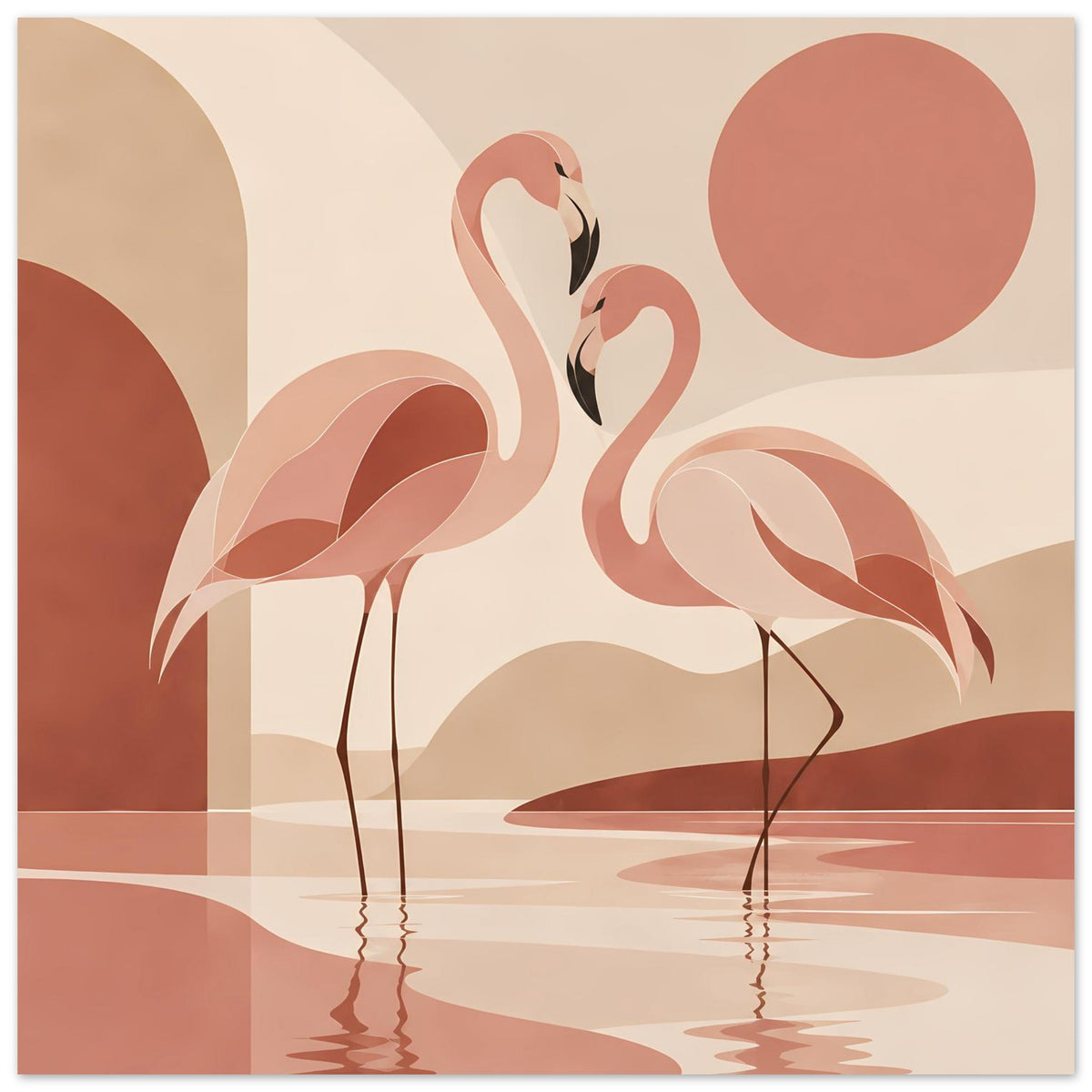 Naturposter mit zwei Flamingos, warmem Farbverlauf und runden Flecken vor Wasserfläche