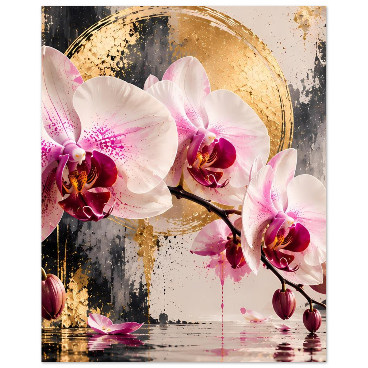 Orchideen-Poster mit goldfarbenem Bogen, weißen Orchideenblüten und pinken Farbpunkten, Hochformat