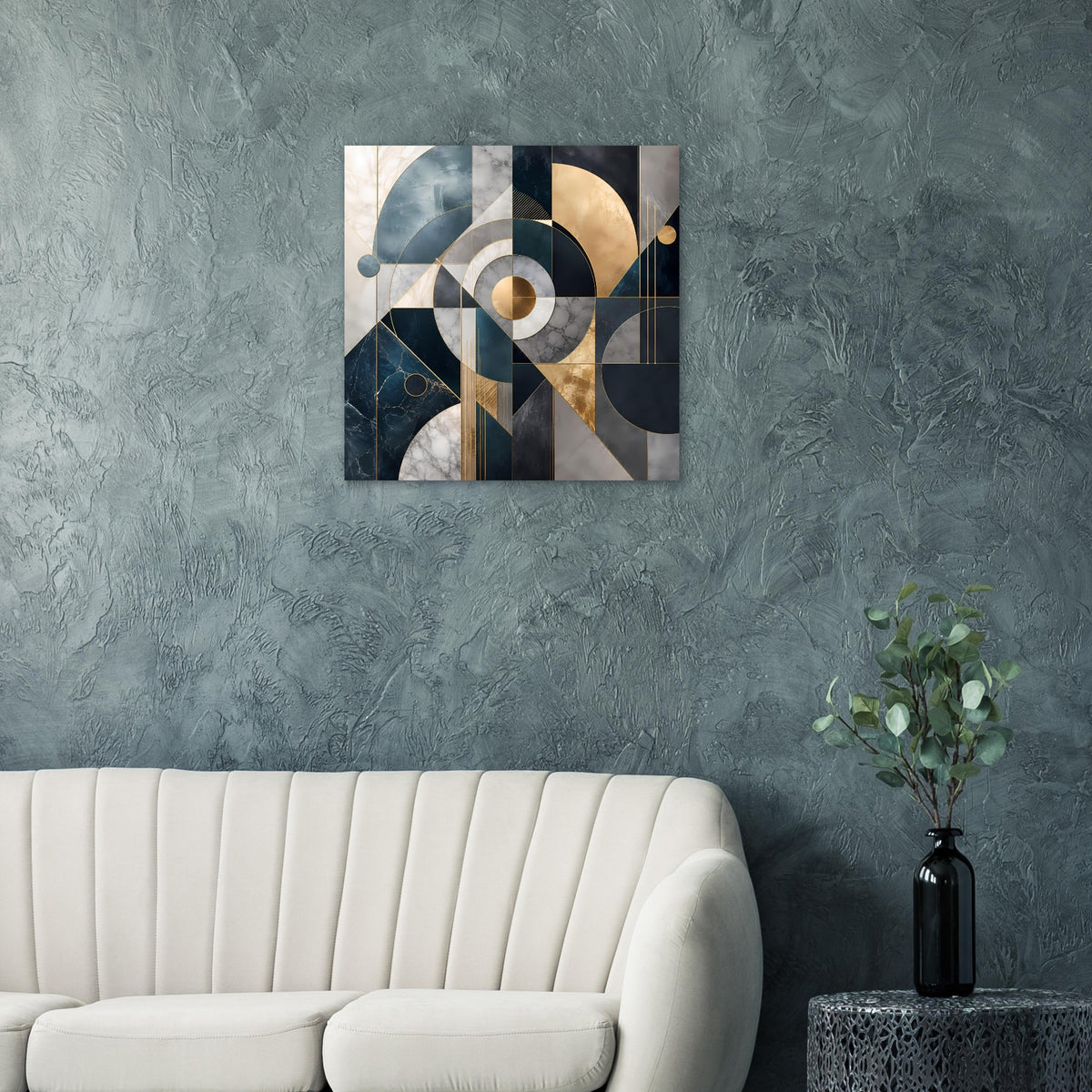 Abstraktes quadratisches Kunstposter mit Kreis- und Linienformen in Blau/Grau/Gold