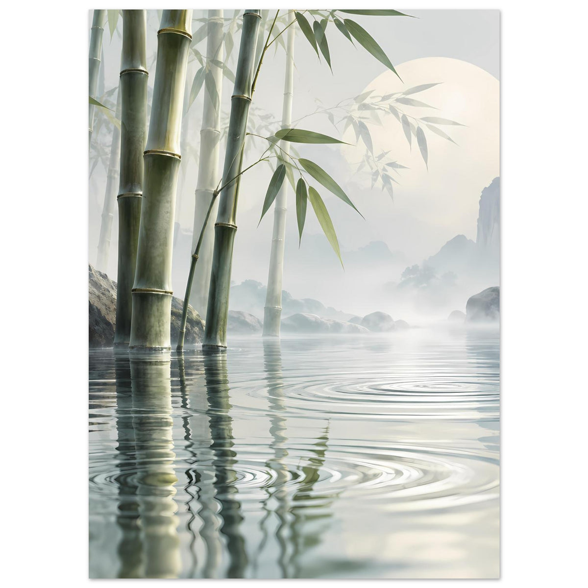 Bambus-Reflexionsposter: Schilf entlang der linken Seite, Wasserlinien und Dunst