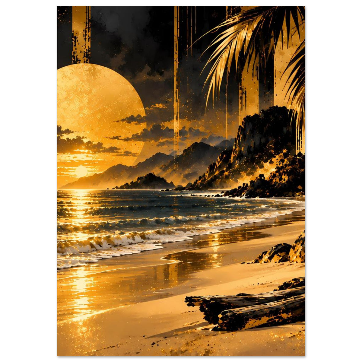 Hochformat-Kunstposter mit Golden-Sunset-Strand, Sonne links, Meerwellen, Palmen und Küste