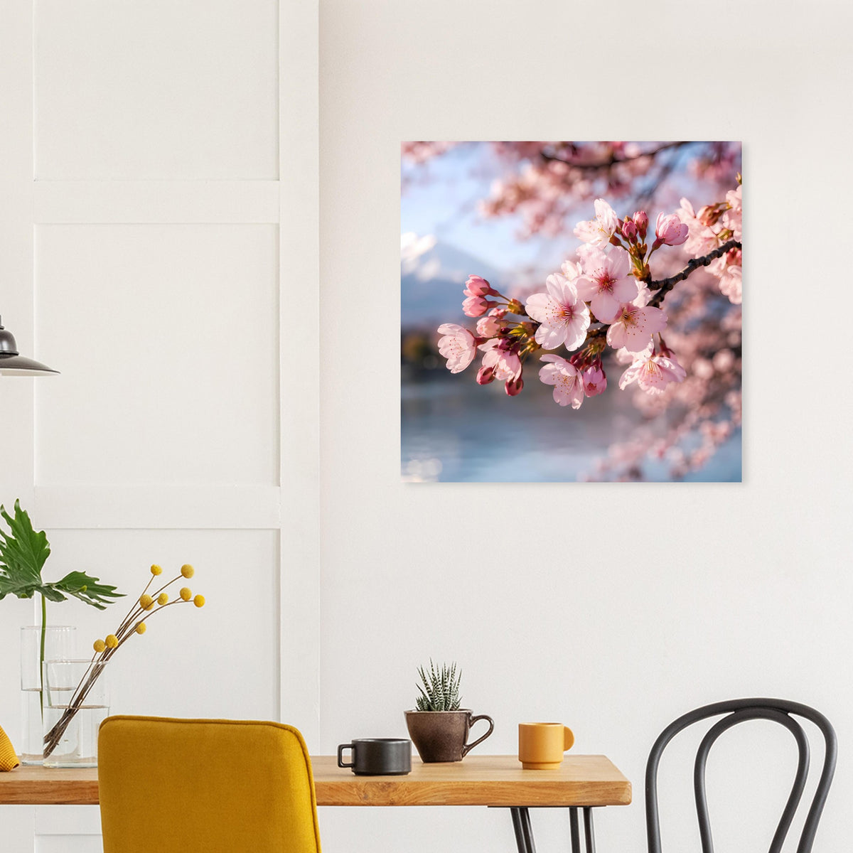 Quadratisches Poster mit rosa Kirschblüten im Fokus auf Blütenzweig