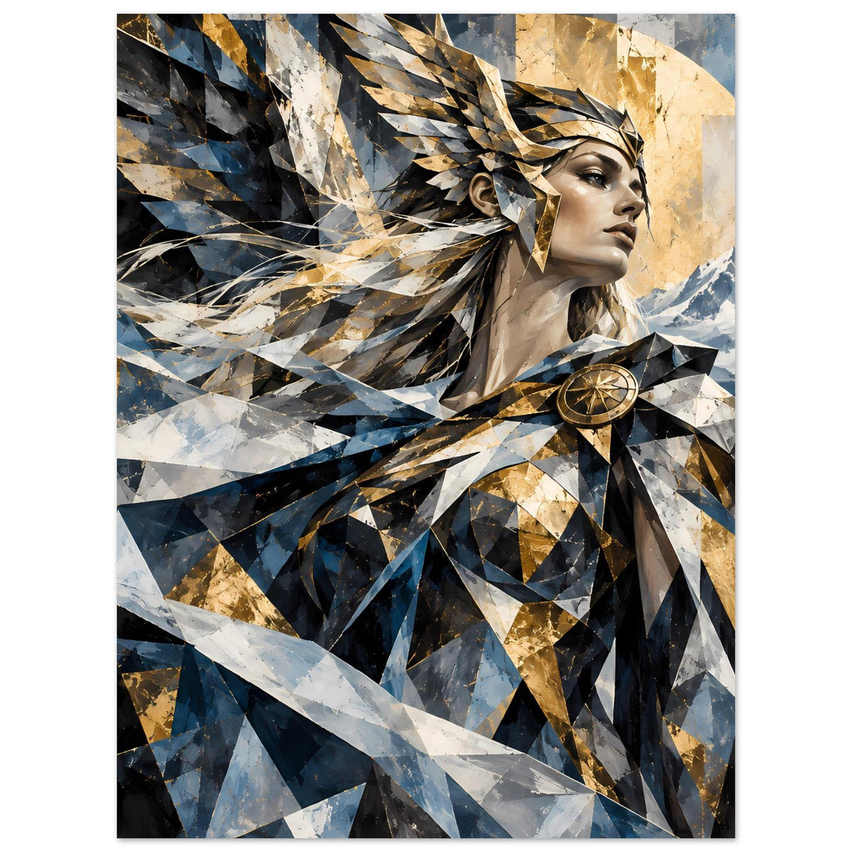 Geometrisches Poster, Frauenprofil mit goldener Rüstung, blau-goldene geometrische Strahlen