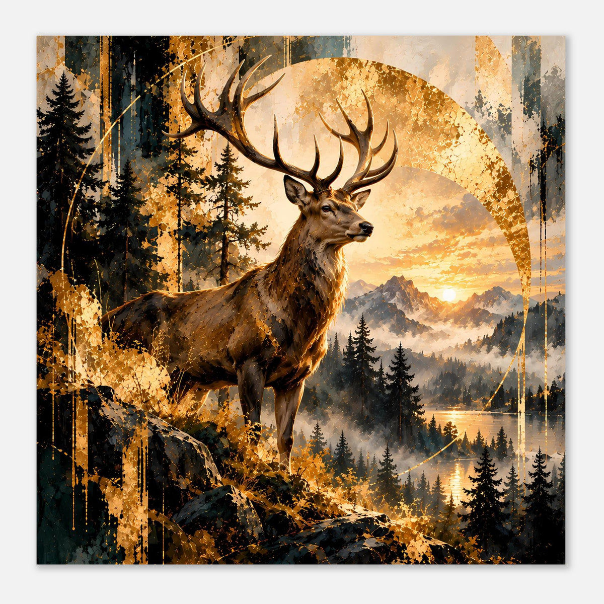 Poster im Quadratformat: Hirsch im Wald bei Sonnenuntergang, warme Goldtöne und Pinseloptik