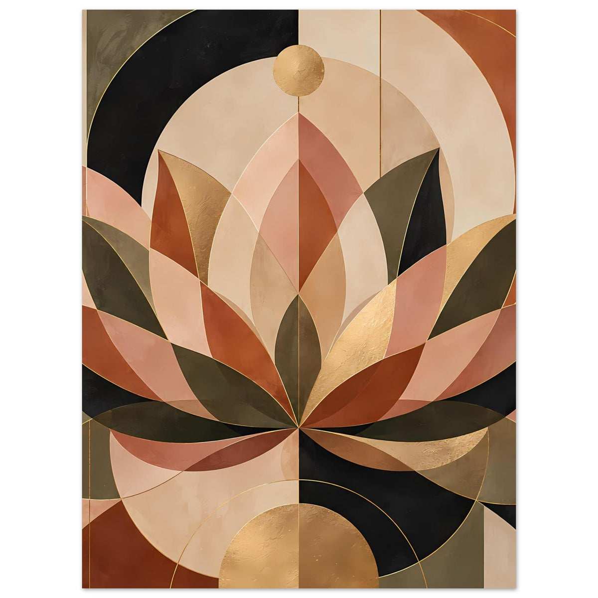Geometrisches Lotusposter in warmen Erdtönen mit Goldakzenten, senkrechte Gesamtansicht