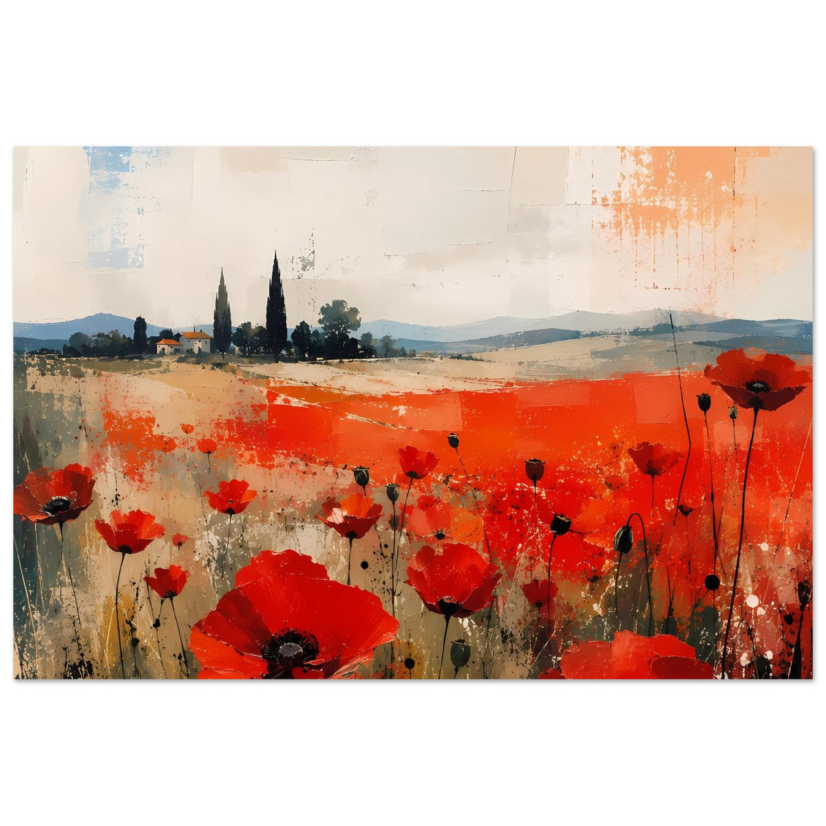 Poster mit roten Mohnblumen und weichem Landschaftshintergrund im Kunststil