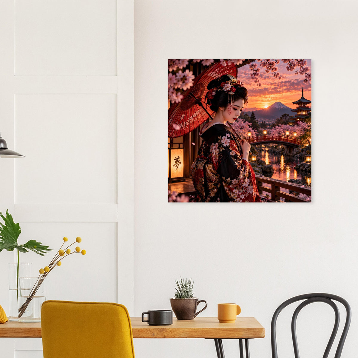 Poster mit japanischer Frau im dunklen Kimono und rotem Schirm vor Kirschblüten