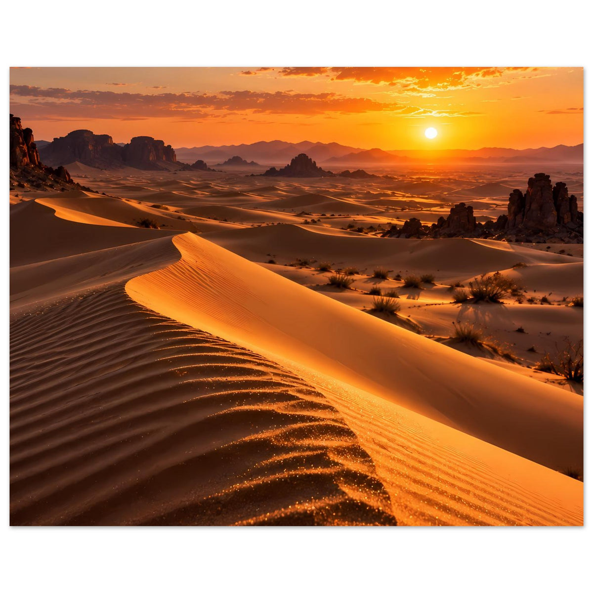 Querformatiges Poster mit Dünenlinien und Sonnenuntergang über der Wüstenlandschaft
