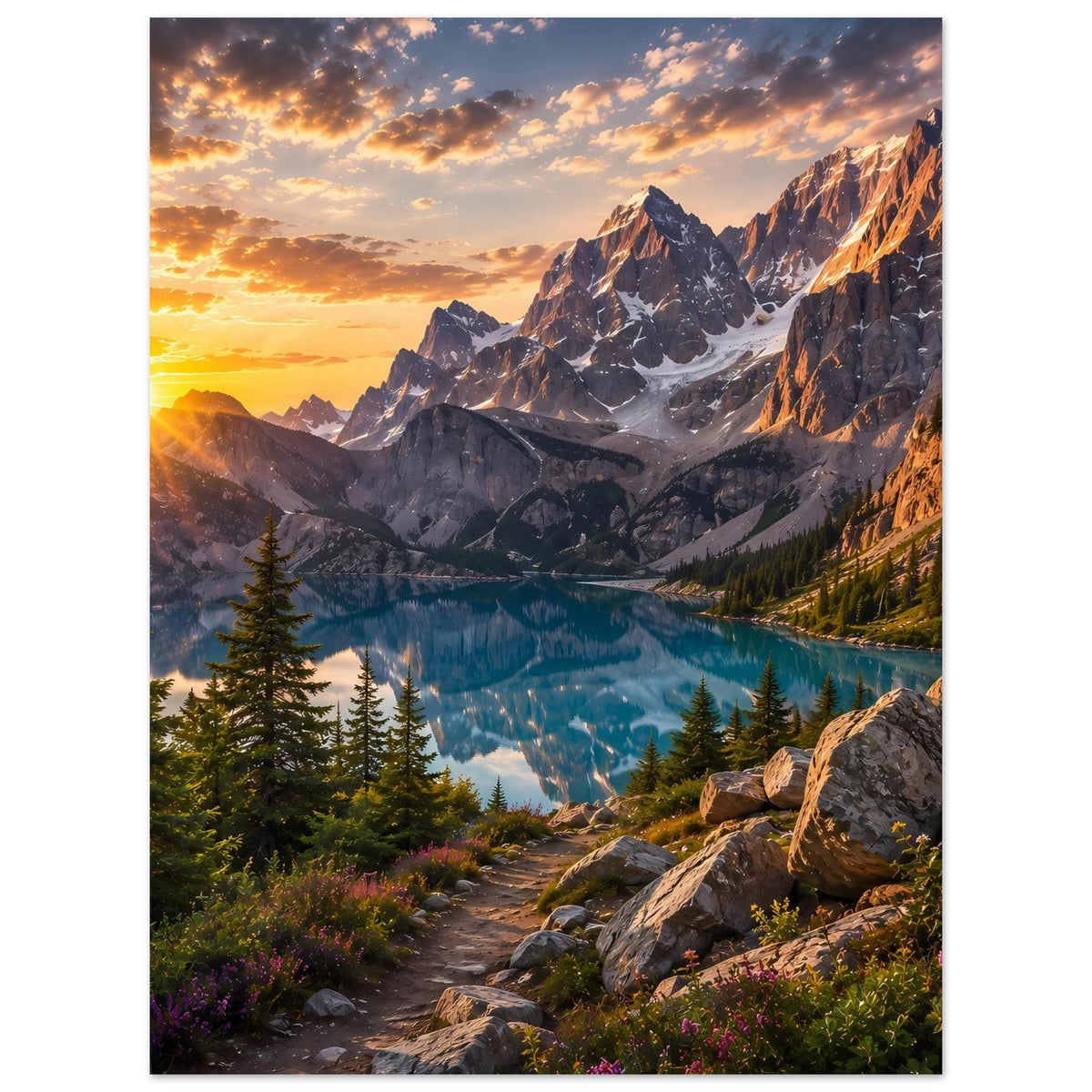 Poster Hochformat: Sonnenaufgang in den Bergen über türkisfarbenem See, auf mattem Papier