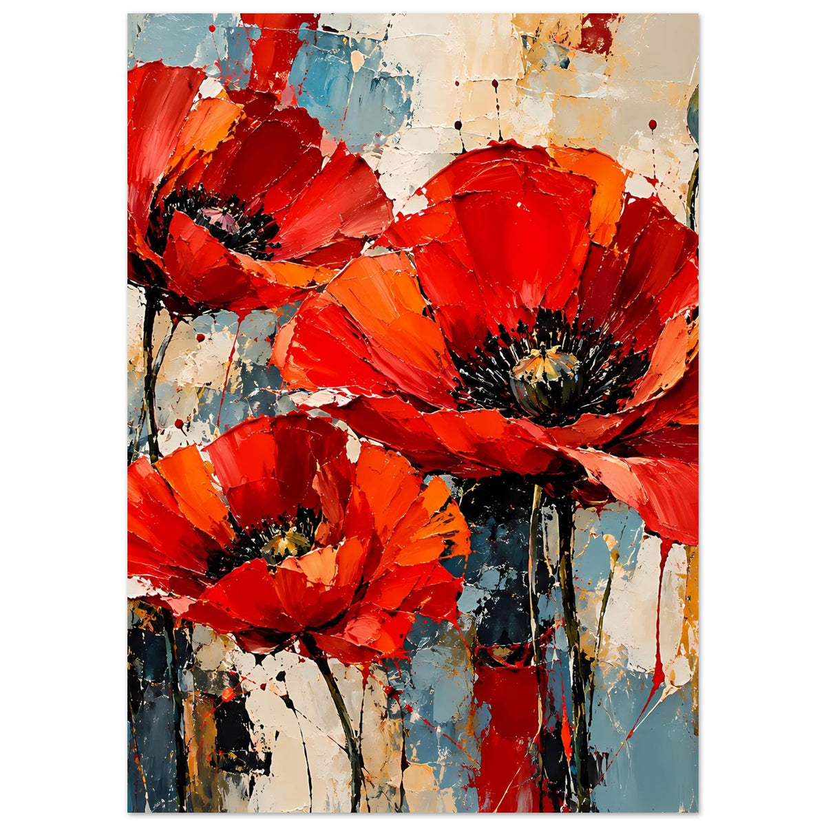 Abstraktes Poster mit roten Mohnblumen auf mattem Premiumpapier, vertikal, volle Komposition