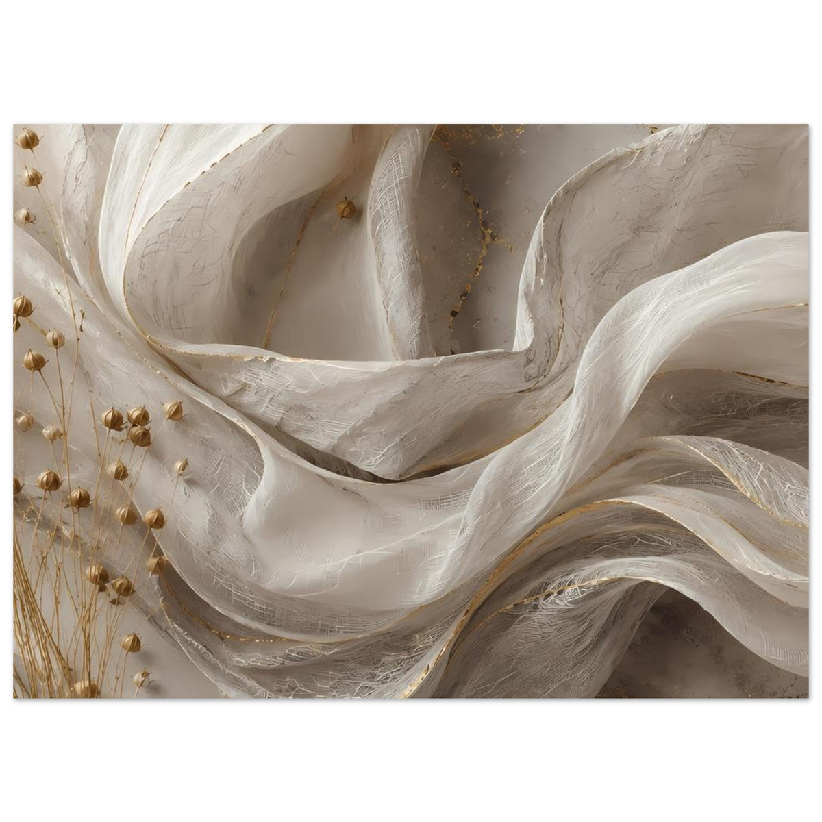 Abstraktes Poster: fließende Wellen in Creme mit goldenen Punkten und zarten Goldadern