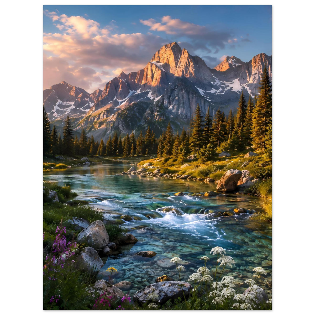 Poster Berglandschaft mit Bachlauf, Tannen und Blumenwiesen vor steilen Berggipfeln