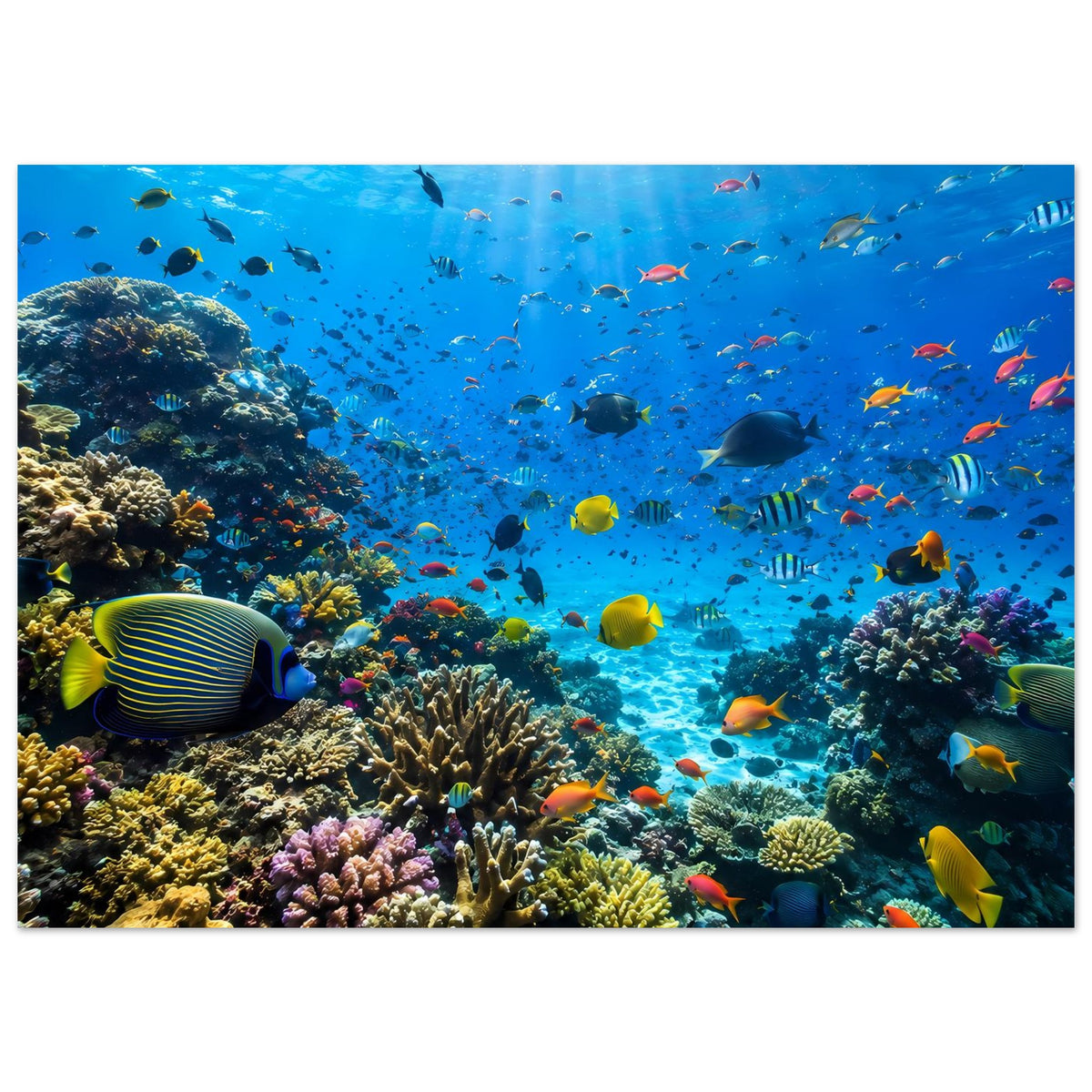 Korallenriff-Poster mit vielen bunten Fischen im blauen Wasser über Korallen