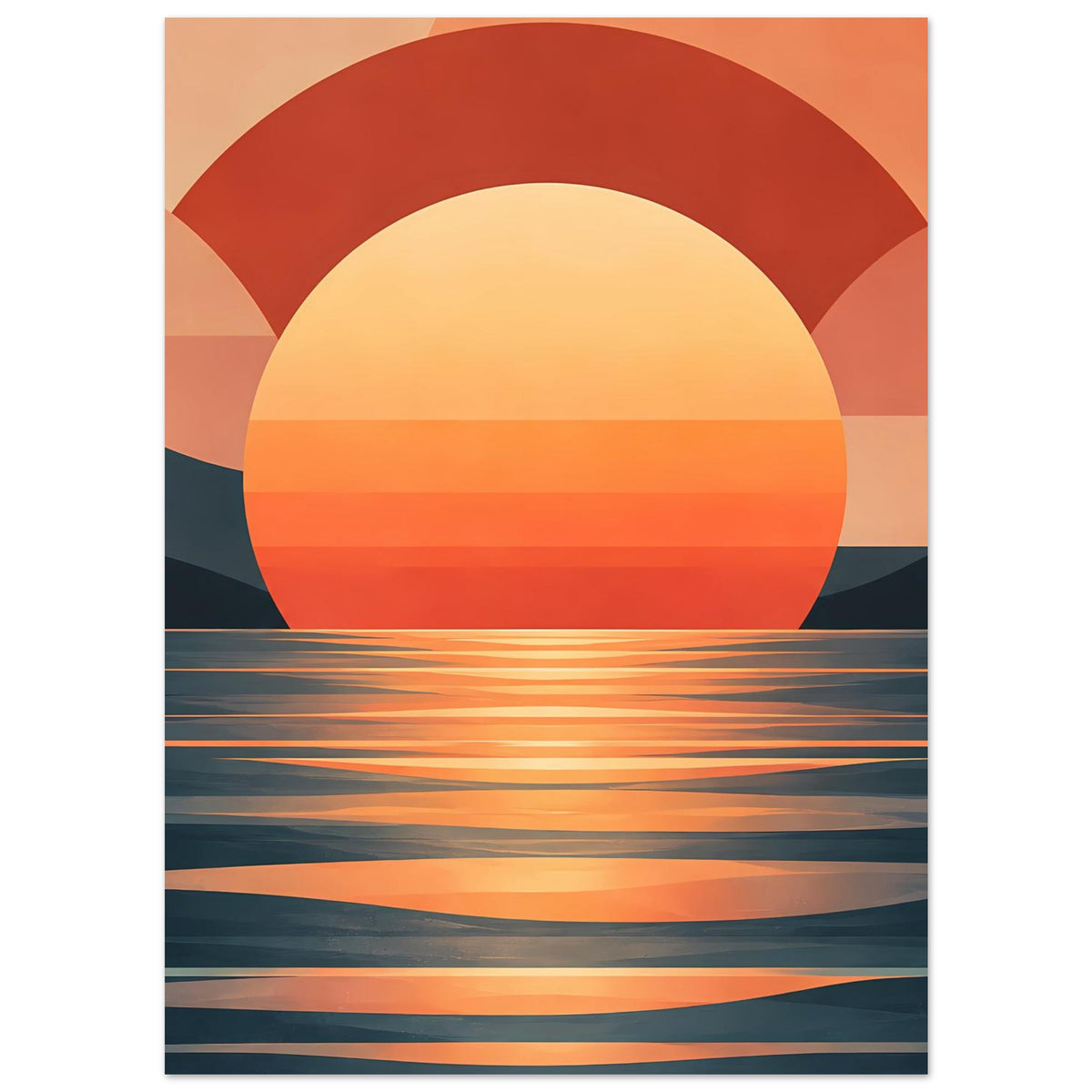 Poster-Print mit Sonnenuntergangsmotiv: große runde Form, warme Farbflächen und Wasserreflexe
