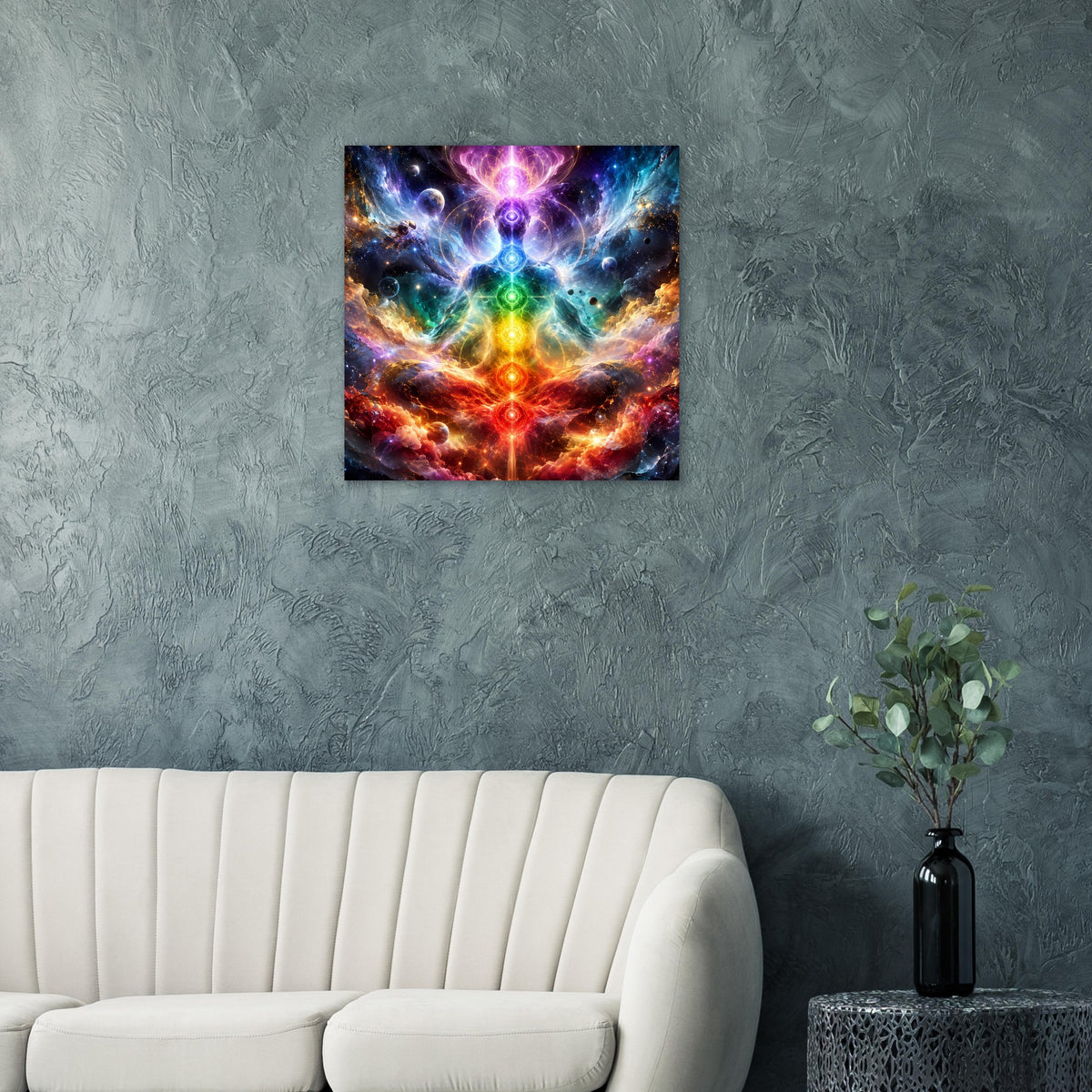 Chakra-Meditationsposter mit mehrfarbigem Chakren-Lichtstrahl im Galaxie-Look