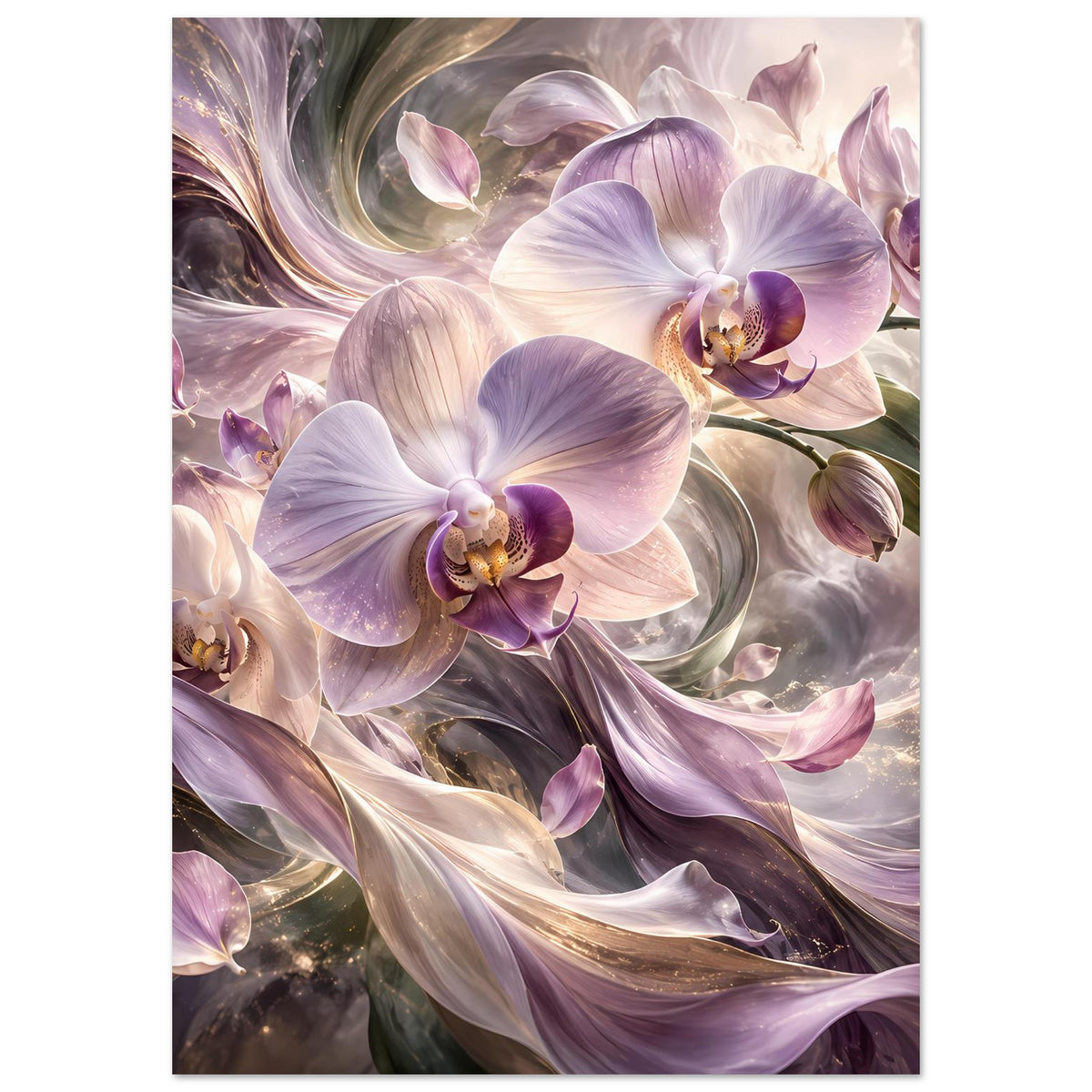 Vertikales Blumenposter mit violetten Orchideenblüten und cremefarbenem Schimmer, Pflanzenzweige.