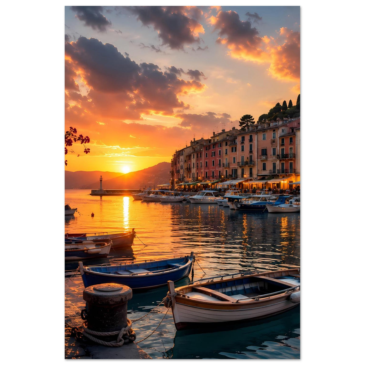 Vertikales Poster mit Sonnenuntergang am Hafen: Boote im Vordergrund, Häuser am Ufer