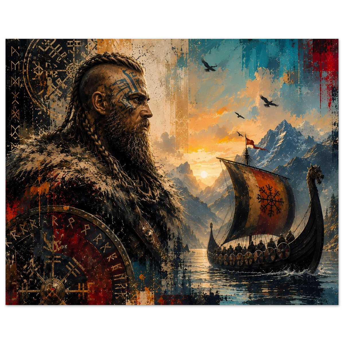 Saga-Poster: Wikingerkrieger vor See und Schiff, Rundschild mit Symbolen, Runen am Bilde